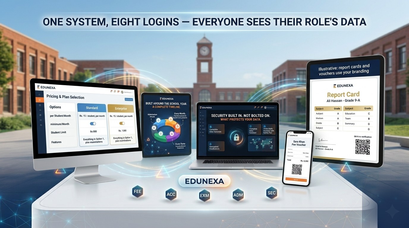 EduNexa — one system, eight logins, everyone sees their role's data
