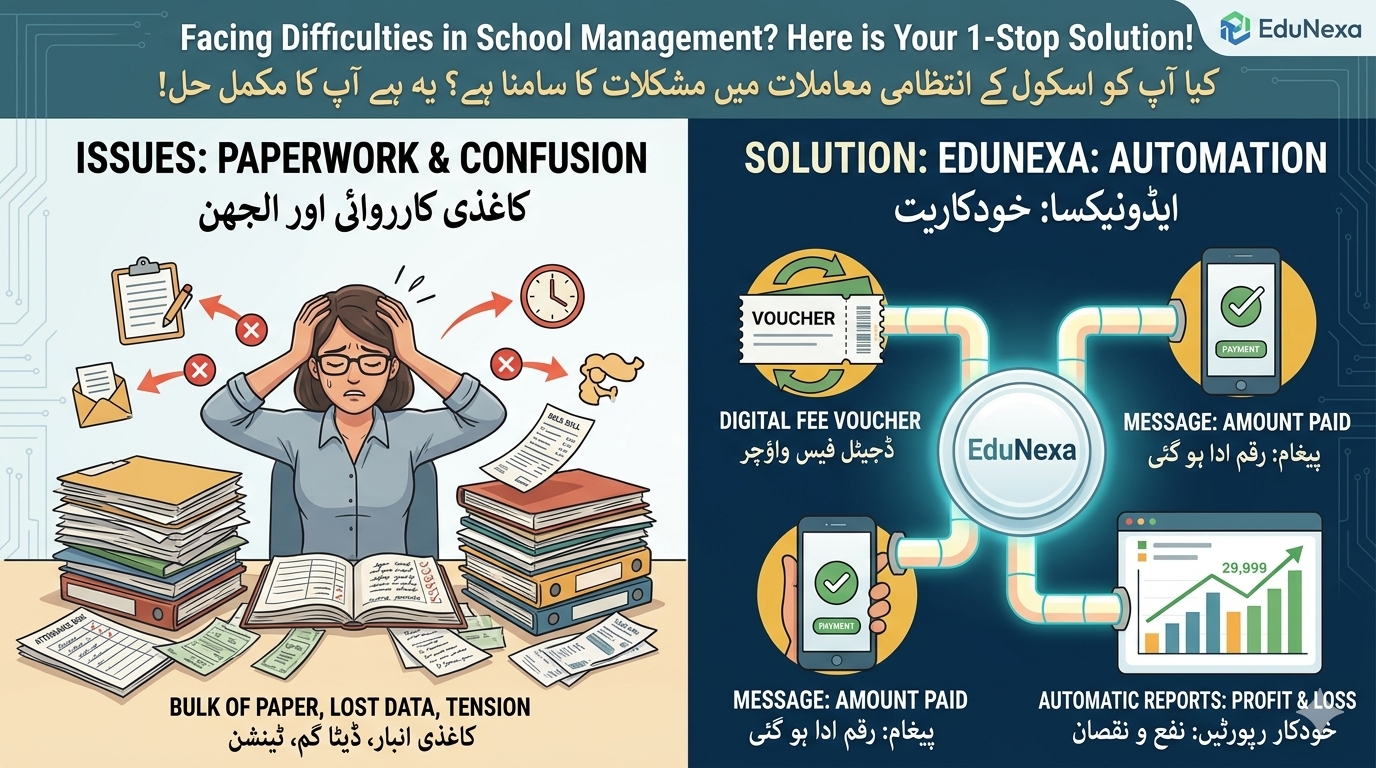 Facing difficulties in school management? EduNexa automation: digital fee vouchers, payment confirmations, automatic profit and loss reports