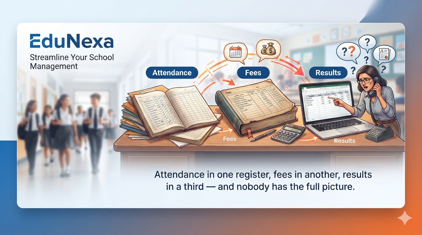Attendance in one register, fees in another, results in a third — nobody has the full picture