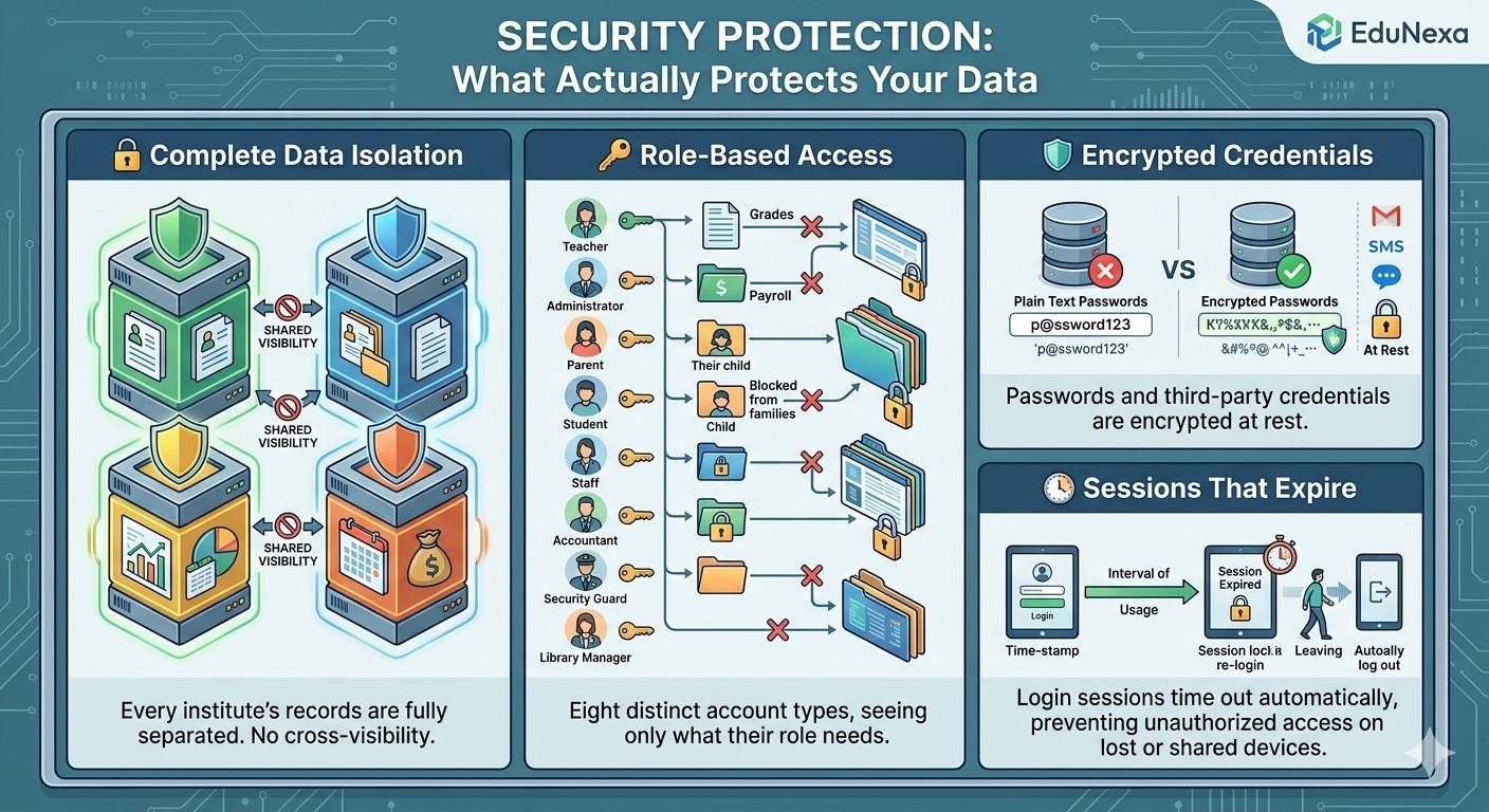 Security protection: complete data isolation, role-based access, encrypted credentials, sessions that expire
